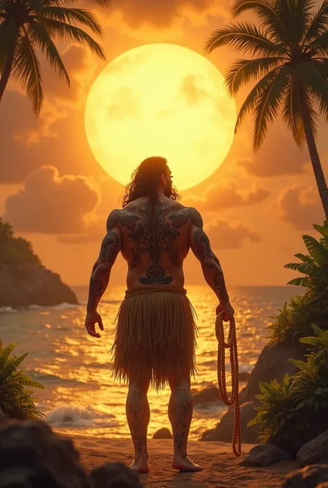 Maui captured the sun, forcing it to slow its journey and grant longer days for his people."
Maui, holding the sun tightly with his magical rope, mythical Polynesian era, glowing sun radiating golden light, tropical landscape with palm trees and distant oc...