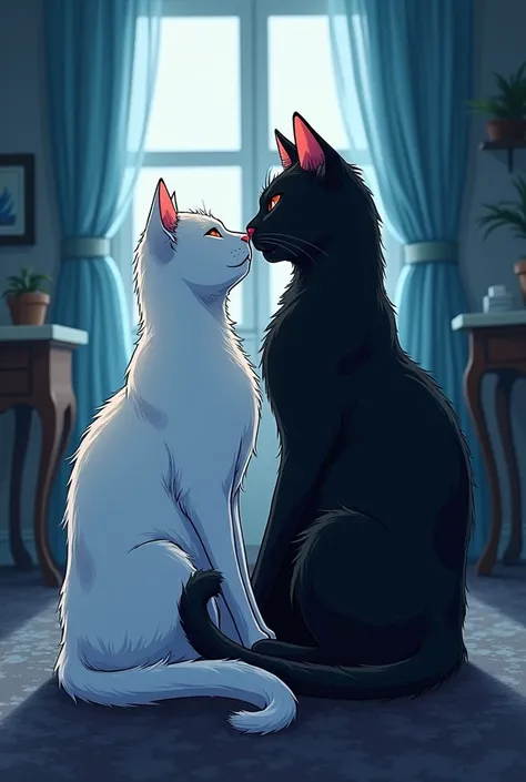 Image for the cover of a book where a white cat and a black cat form the symbol of Yin and Yang, In the middle of the dark in a room . (Anime style that stands out with brightness on the side of the black cat and darkness on the white cat) 