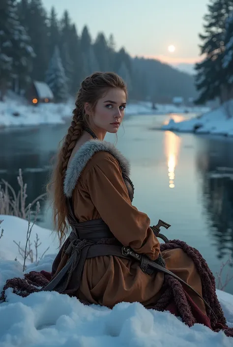 score_8_up, score_7_up, score_6_up, score_9, score_9, score_8_up, score_7_up, score_6_up, score_5_up, score_4_up, fit woman,1 female, A stunning Viking lady sits gracefully by a serene, snow-covered river under a crisp winter sky. She has long, golden brun...