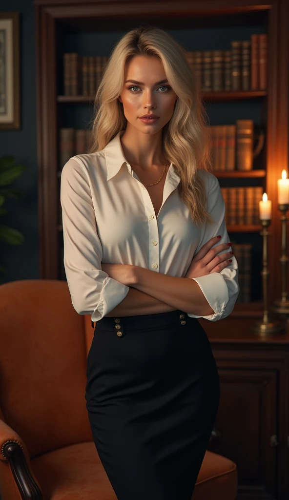 A stunning and confident blonde woman, aged 30-35, with realistic, lifelike features and a captivating gaze, looking directly at the viewer. She is dressed in an elegant and form-fitting outfit—a stylish blouse subtly emphasizing her figure and a sophistic...