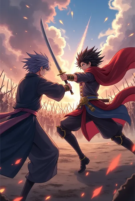 I want a picture of an anime man with curtain hair and slightly purplish black hair, wearing a slightly purplish black robe,and is fighting on a battlefield using a katana with, The man with twoblock white hair, wears a knights robe black, gold and red, an...