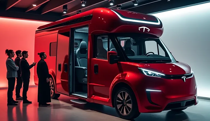 "A luxurious, futuristic Tesla motorhome is showcased in a high-end showroom. The motorhome features a sleek, shiny red exterior with the Tesla logo prominently displayed on both the front and back plates. The side door of the motorhome is open, revealing ...