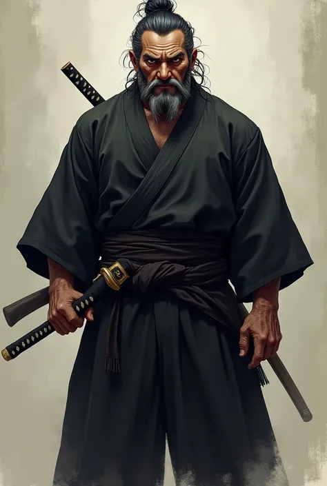 
 a crude and bad-faced man of a , 85 lives in Japan big hair tied in black ,  with brown eyes , He wears a small beard , Serious guy ,  with a good physique he wears a black kimono ,  he wears a Jika-tabi on his feet he wears a katana around his waist on ...