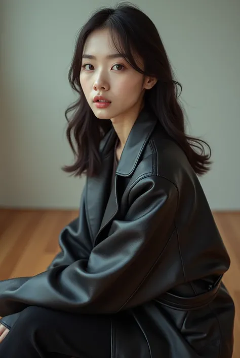 Beautiful korean woman in the leather oversize jacket and sitting on the floor