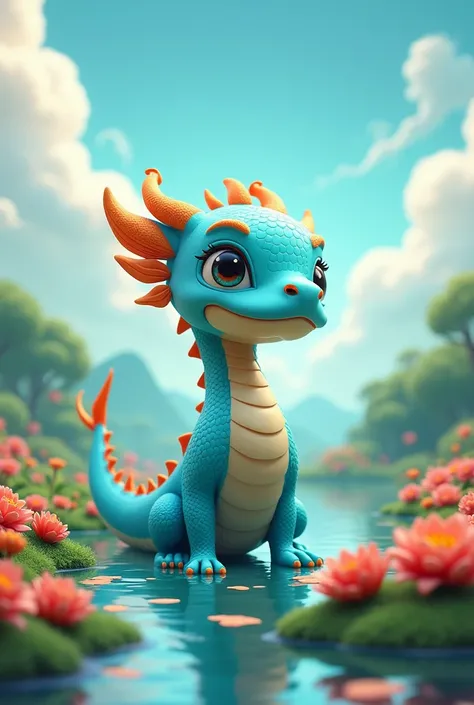 Create an anthropomorphic 3D cartoon IP image based on Qinglong，Rich and diverse in details 