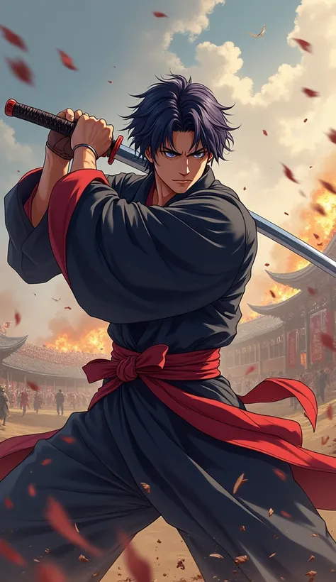 I want a picture of an anime man with curtain hair and slightly purplish black hair, wearing a slightly purplish black robe,and is fighting on a battlefield using a katana with, The man with twoblock black hair, wears a robe black and red