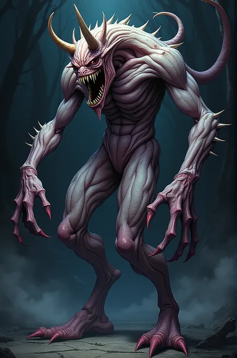 Humanoid monster but the limbs are twisted and the hands are mouths and the legs are twisted into a spiral amd the head it a demon like face with 4 horns  in a anime style