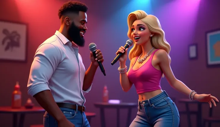  Draw a black man with a beard ,  wearing a white dress shirt and jeans;  and a blonde woman with wide hips ,  wearing a pink sleeveless top and jeans ; singing at a karaoke . pixar mode.