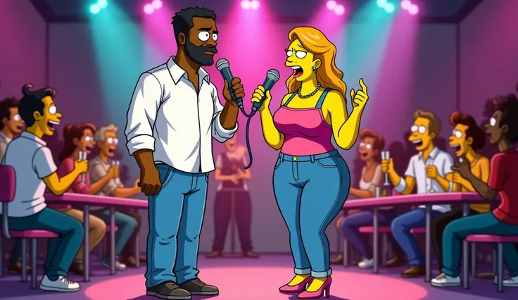  Draw a black man with a beard ,  wearing a white dress shirt and jeans;  and a blonde woman with wide hips ,  wearing a pink sleeveless top and jeans ; singing at a karaoke . Simpsons mode.