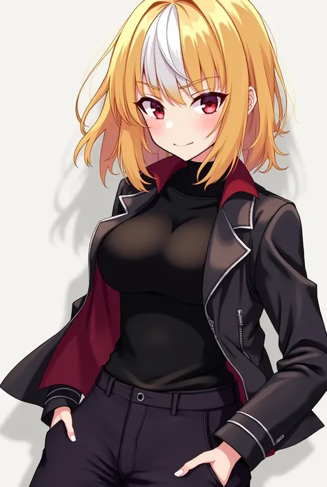  My character blonde hair with a white patch on the fringe part .  The hair length is medium .  she has red eyes . 
 Her outfit consists of a black long-sleeved shirt and a biker jacket,  that go up to the height of the rib .  The jacket is a slightly ligh...