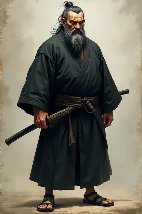  a crude and bad-faced man of a , 85 lives in Japan big hair tied in black ,  with brown eyes , He wears a small beard , Serious guy ,  with a good physique he wears a black kimono ,  he wears a Jika-tabi on his feet he wears a katana around his waist on t...