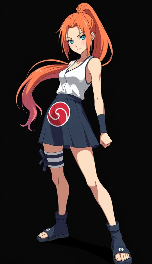 Character created by Mikio Ikemoto (8K): girl with a slender and beautiful appearance, fair skin, full body, fire-colored orange hair and very smooth with two white locks highlighted on the front, similar to those of Rogue from the X-Men, hair tied in a po...