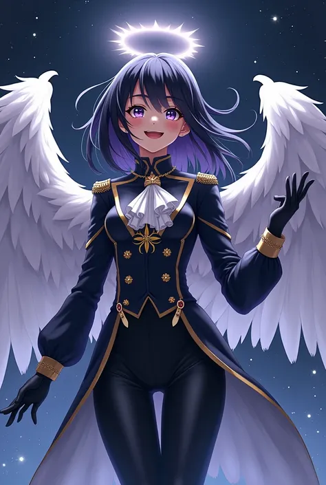 Female, 25 Years Old, Short, Athletic. Dark Skin. Long Black Hair. Purple Eyes. Wings with White and Black Feathers. White halo on top of her head. Black and White Medieval Military Uniform, Black Pants, Long Sleeves, Baggy Suit. Big smile on her face. Fal...