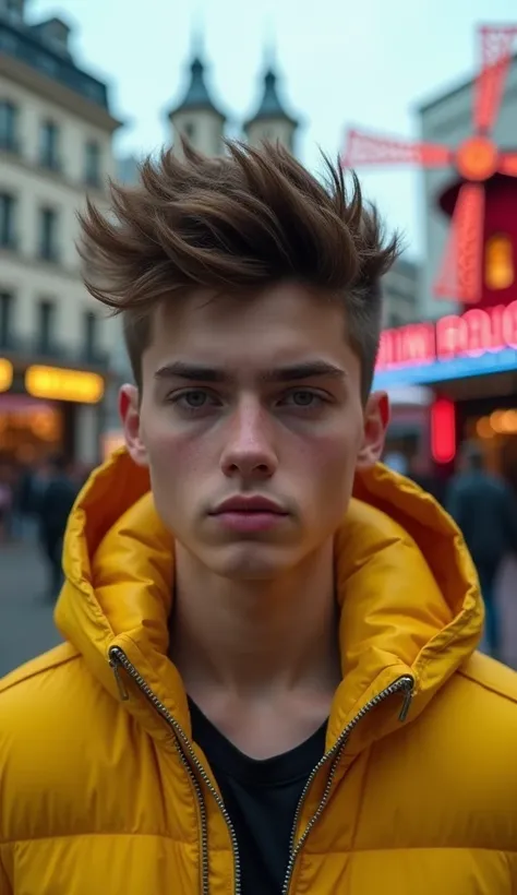 foto RAW,  a close up photo of a 16-year-old portrait in front of moulin rouge in Paris. . The 1. european  boy , Alone, realistic,shirt,jacket, cyberpunk,  spiked hair,castanho jacket, yellow jacket,  in the background is ruins of the city , ( highly deta...