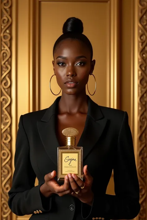 Olivia yacé miss Côte dIvoire 2021 habillé en veste noire élégante, 2ème dauphine miss monde 2021, elle est tient en main un parfum dans une bouteille doré royale confectionné sur mesure pour elle, il y a derrière elle un mur doré or où est écrit dans un c...