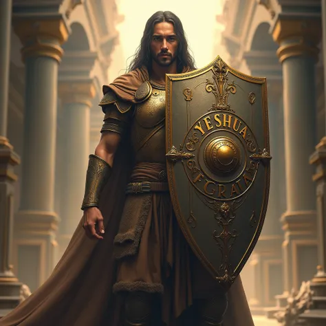 Create a Shield logo with the capital text "Yeshua". This shield is being held on his right arm by a warrior who has a serene countenance and exudes authority. Defensive stance.