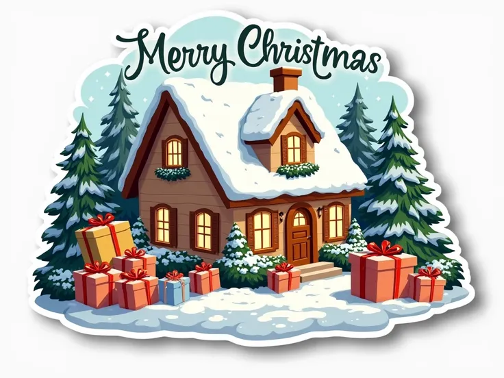 Christmas sticker with gifts and Christmas house with merry Christmas phrase