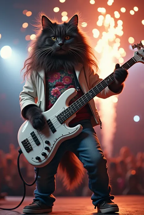 (hyperrealism) Cat a feline with long hair ,  fidget cat with open legs and arms this cat is a bass player playing a white bass,  with flowery t-shirt with white leather jacket , And jeans ,  with very long and curly dark brown hair , doing a show, on a st...