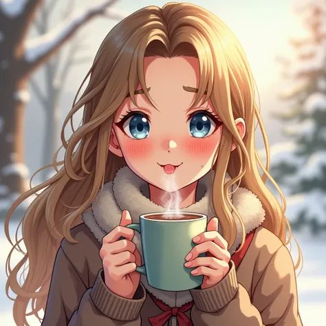 Give me a girl with Long blonde and brown mixed hair blue eyes holding hot coco in the winter, Tongue Out,  cute realistic eyes blush posing with the peace sign
