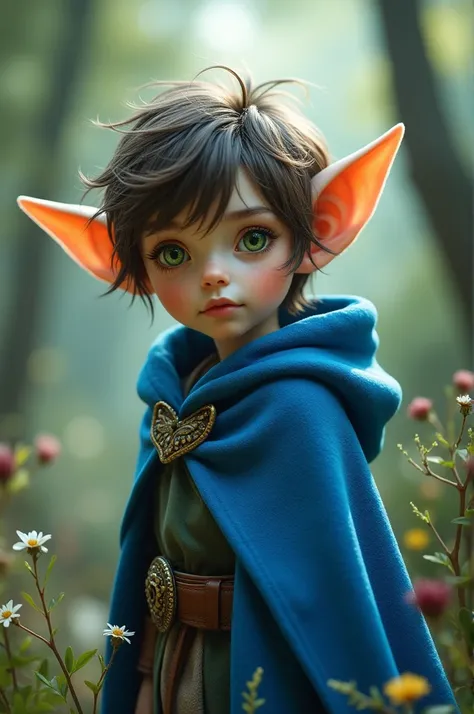 Crie um Halfling cor de pele branca,wearing a blue cloak,with green eyes and brownish hair.