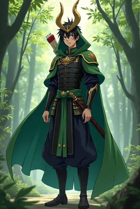  16-year-old young man with a green hood black samurai armor with gold green hood , black hair and green eyes holding a samurai sword and a bow and arrows behind his back,   above his head a golden crown with horns and red marks under his eyes , drawn anim...