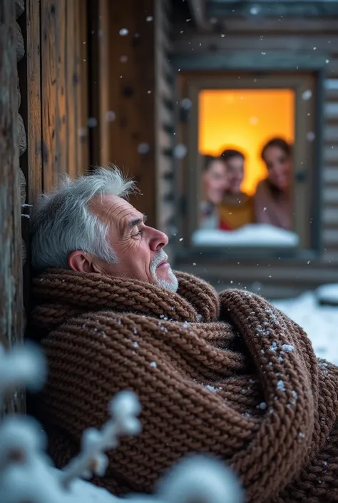 A serene winter scene showcasing an elderly man sleeping peacefully against the wooden exterior of a rustic cabin, wrapped in a thick, knitted brown blanket. His face, lined with deep wrinkles, exudes a sense of quiet resignation and tranquility as snowfla...