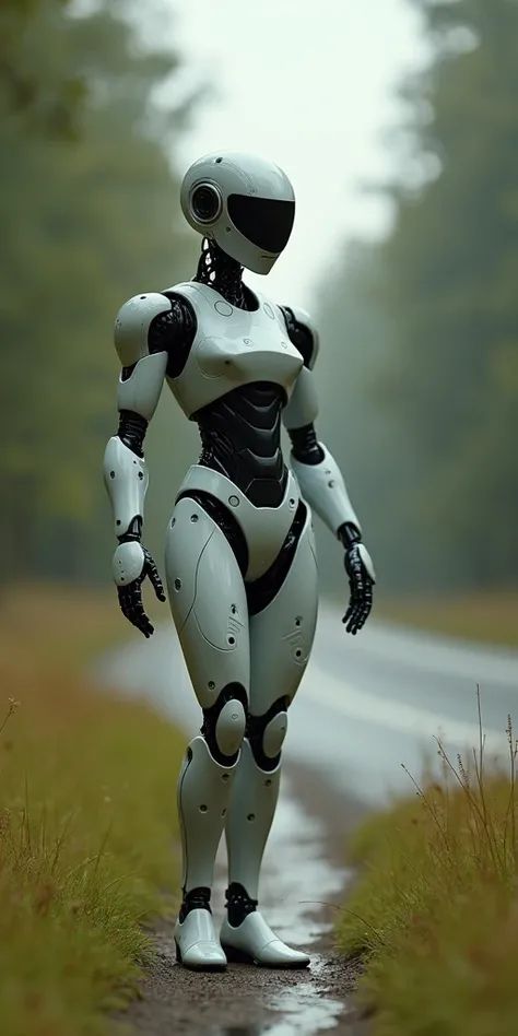 gorgeous AI female humanoid in the highway in the bush, full pose absolutely