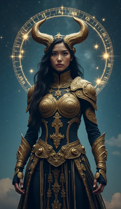 Taurus constellation merged with a woman and her Taurus armor 