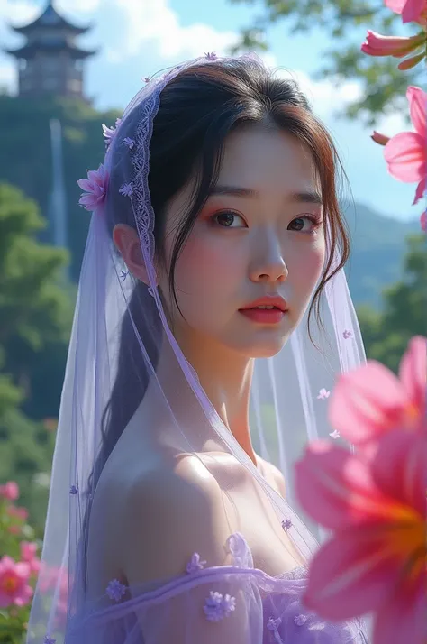  Photography of a beautiful Korean woman in a purple veil motif of small flowers,  clean white face is very beautiful perpect  (The face is cute ),  she is in the courtyard .  Next to the house there is a bushy mango fruit tree  ,  behind a high rock cliff...