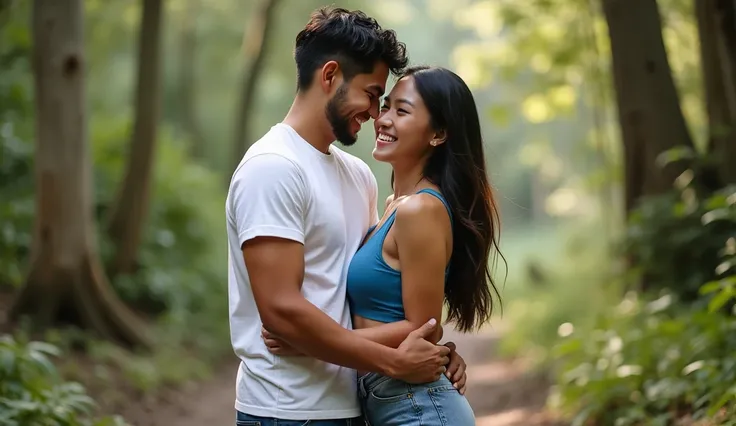 Filipino Couple in wilderness , tightly hugging each other, they are smiling facing the camera, male wearing white t shirt and denim jeans, while female wearing body fit blue tank top and denim shorts, both are in sporty shoes.