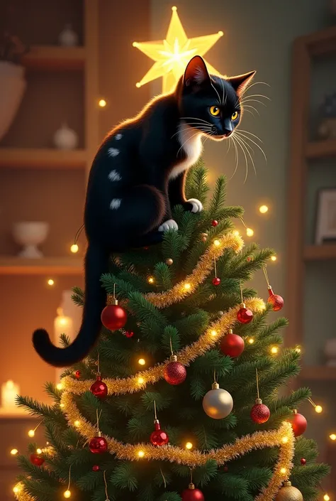 Black cat with white spots on Christmas tree 