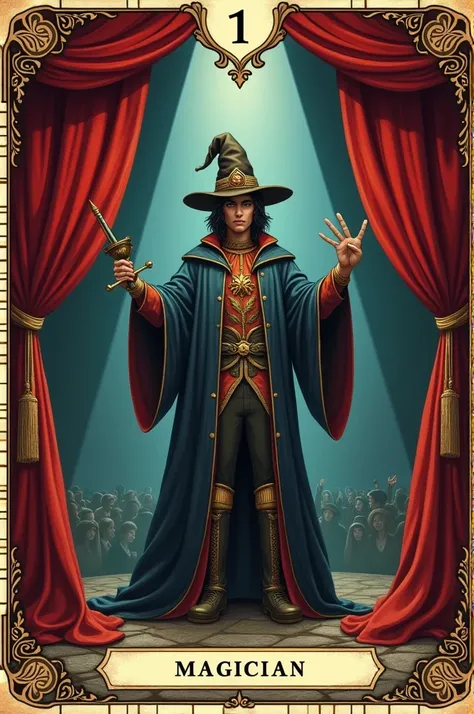  A theatre-themed tarot card , Let the borders be curtains of the same . 
 I want to create the card of the arcane major number 1: The Magician 