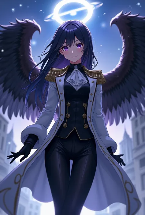 Female, 25 Years Old, Short, Athletic. Dark Skin. Long Black Hair. Purple Eyes. Wings with White and Black Feathers. White halo on top of her head. Black and White Medieval Military Uniform, Black Pants, Long Sleeves, Baggy Suit. Big smile on her face. Fal...