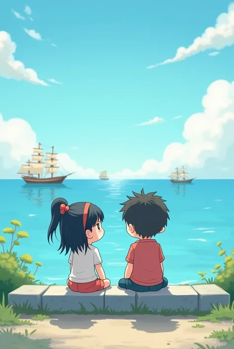 Create a chibi image that girl and boy sitting on a cement bench and they are looking far away sea.they can see ships going in sea.since they are far away they are very small