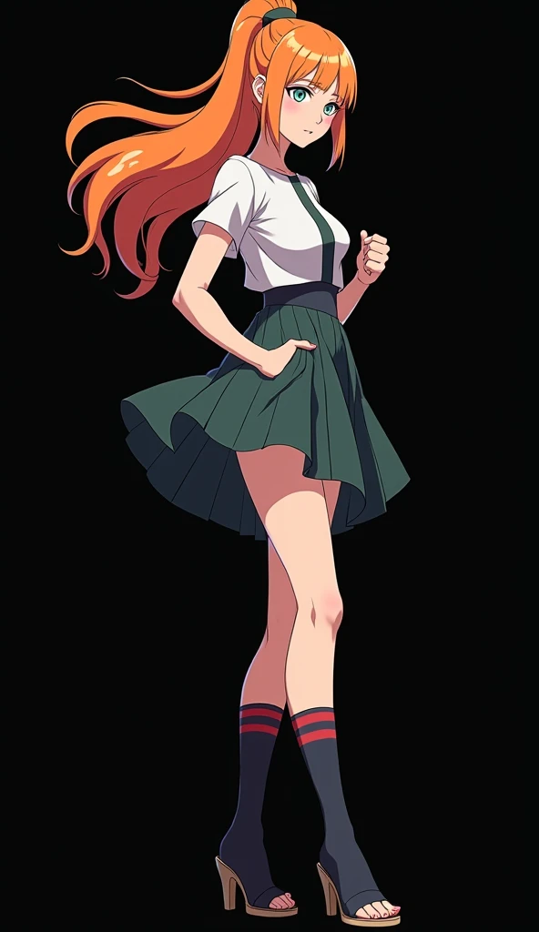 Character created by Mikio Ikemoto (8K): girl with a slender and beautiful appearance, light skin, full body, fire-colored orange hair and very smooth with two white locks highlighted on the front, similar to those of Rogue from the X-Men, hair tied in a p...