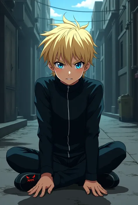 A blond haired anime  with blue eyes in a black uniform sitting in an alley with the angrily faced ominitrix