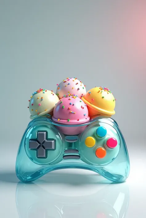 AN IMAGE OF A GLASS CUP WITH THREE SCOOPS OF ICE CREAM WITH COLORFUL SPRINKLES , BUT WITH A VIDEO GAME THEME , MAKE THE CONTAINER LIKE A REMOTE CONTROL, I HOPE ONLY THE CONTAINER 