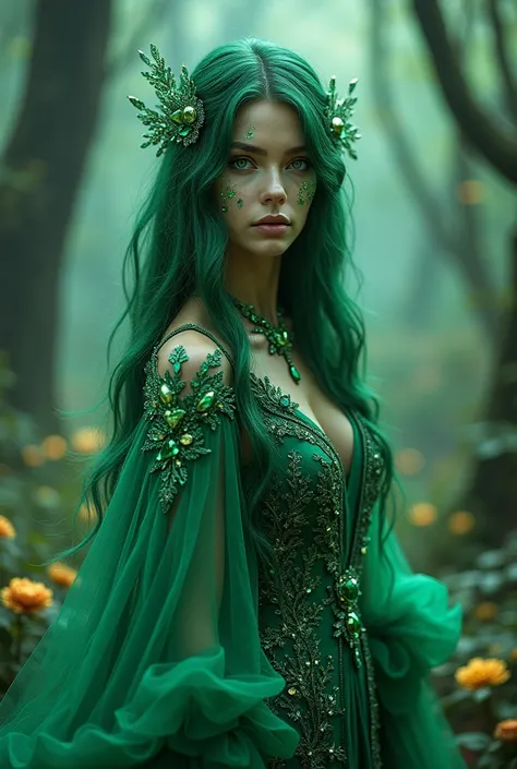 Professional headshot photo. Beautiful and ethereal sorceress with emerald green skin that sparkles with shimmering gemstones, resembling a living dream. Her long, emerald hair flows like liquid silk, revealing a kaleidoscope of colors. She wears a flowing...