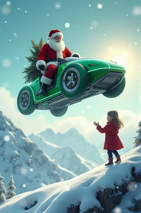 A Santa Claus dressed in a vibrant green outfit, instead of the usual red, is descending from the sky on a futuristic, ultra-pro robotic Santa Claus car. The sleek, metallic car is glowing with advanced technology and smoothly hovers over the snow-covered ...