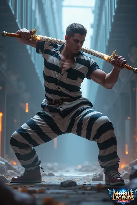 A new MLBB hero with swords instead of legs,wearing prison attire , Bailando breakdance 