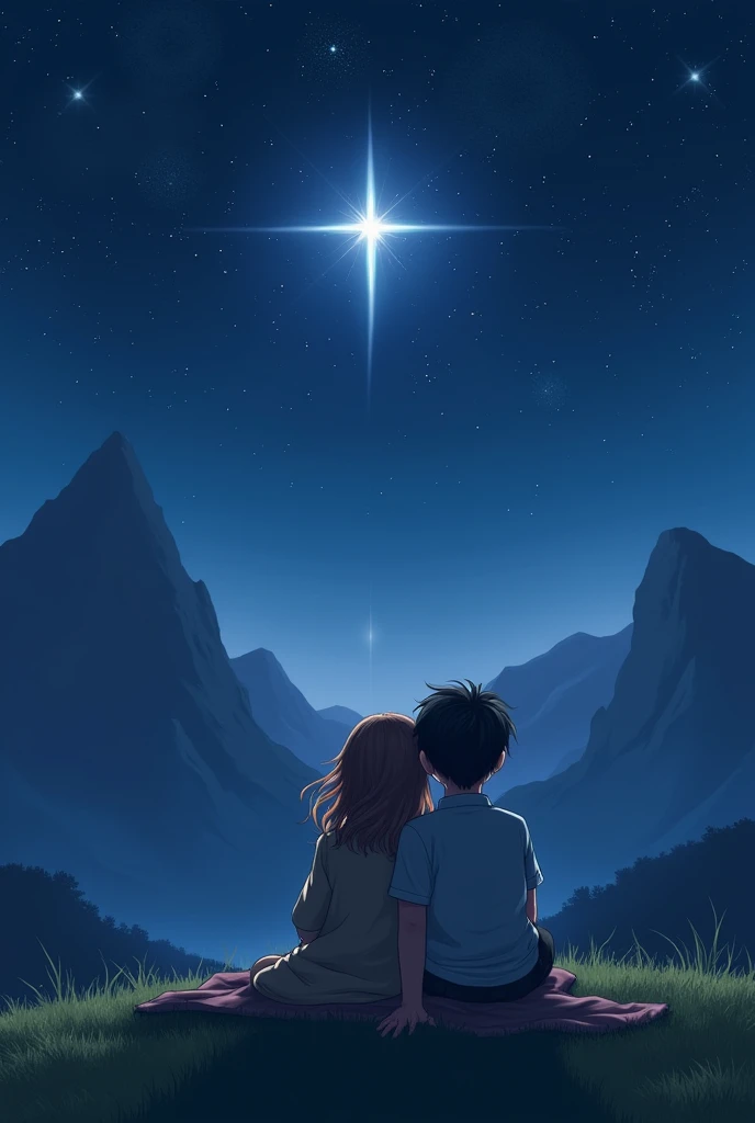 A girl and a boy sitting on the hill in the background can be seen mountains .  They look closely at the stars embracing each other and with a blanket over their legs .  In the middle of the image he puts the brightest star in large print and in the dark s...