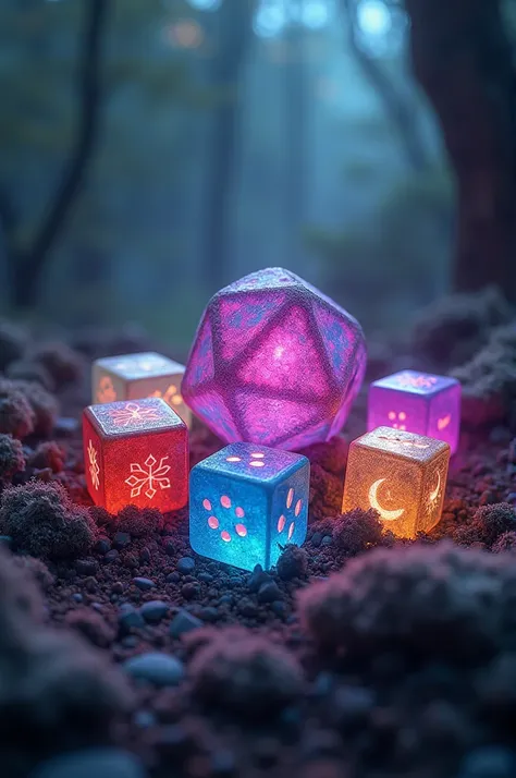 an ethereal art of colorful dice, mysterious looking and fantasy elements