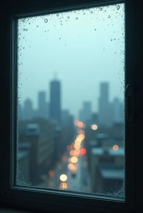 In a window you look at a beautiful but blurry city as raindrops fall on the window without a single person.