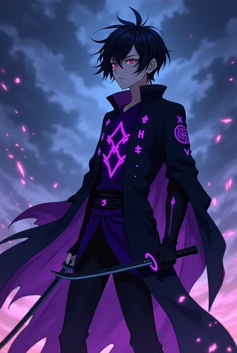  Kaito has a modern and impactful look .  He wears a black uniform with vibrant purple details that subtly glow in the dark,  evoking the night sky before a storm . His cape is long and ragged ,  as if it had been worn down by violent winds .  His eyes hav...