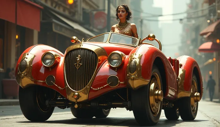 ((Full body CAR))), Sexy STEAMPUNK WOMAN from Warhammer 40k, (((she is inside a very detailed and heavy 1958 MASERATTI STYLE CAR, 6 wheels, gold and RED porcelain steampunk style, lots of bronze props on the car))), the car is driving on a wide street with...