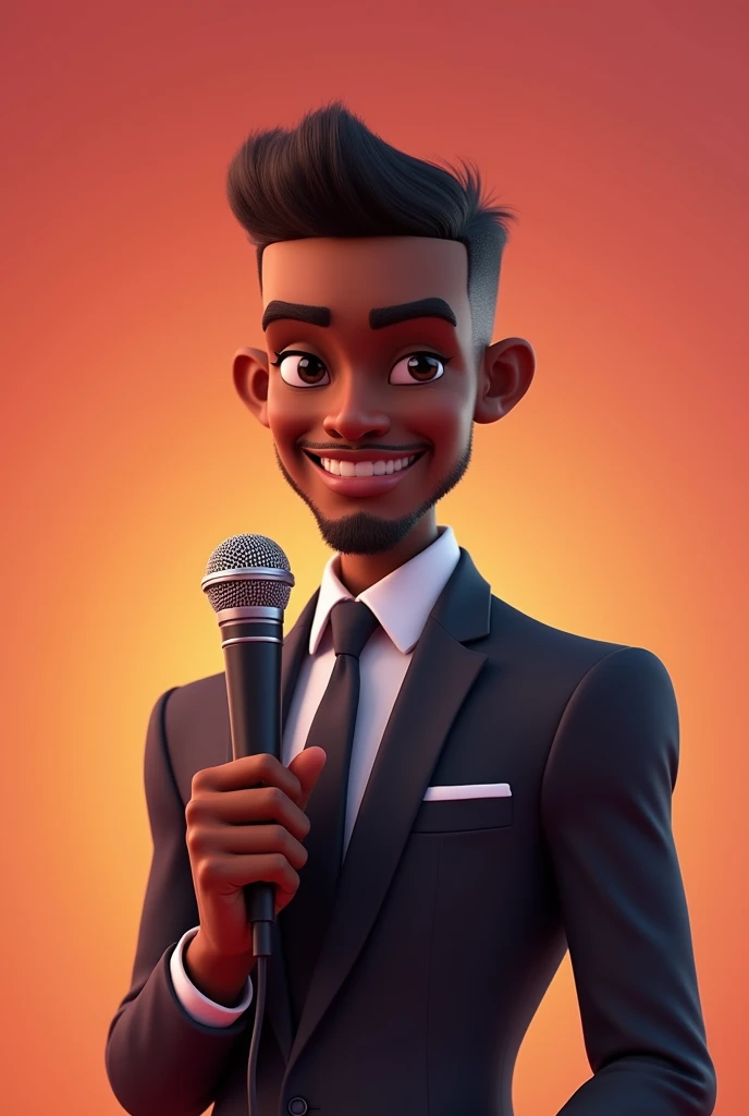 Slim black man, wearing a suit, with a microphone in his hand, pixar style.