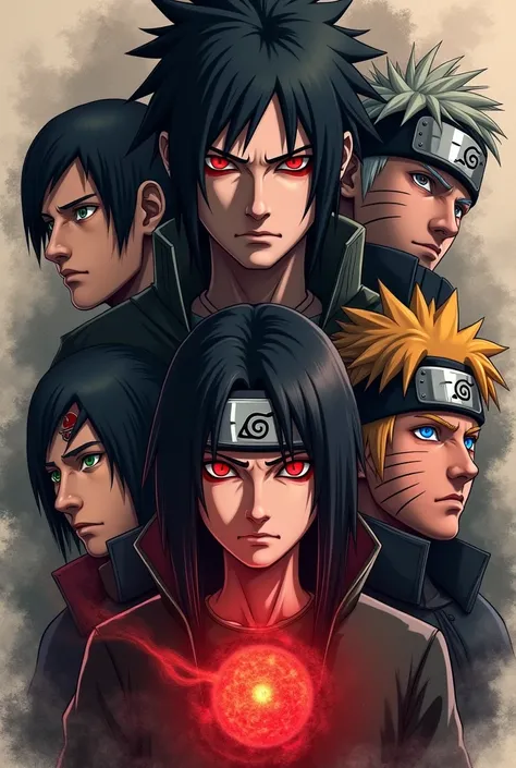  saga could you upload an image for a tattoo design that has Saske Uchicha with the sharingan Mangekio, Itachi with the sharingan that is used for amateratsu with Jiraya and Kakashi and Natuto from the Naruto 