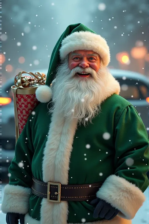 "A close-up of a joyful Santa Claus dressed in a vibrant green outfit, beaming with happiness and excitement as he holds a large gift sack over his shoulder. His eyes are twinkling with warmth and cheer, and his rosy cheeks and white beard add to his jolly...