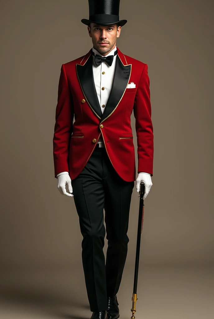 He has a red tuxedo with a gold underside, black collar and bow-tie with white outlines. He wears a white undershirt with two reddish buttons on it, alongside white gloves and black pants and black tall boots. He wears a black top hat and tends to hold a g...