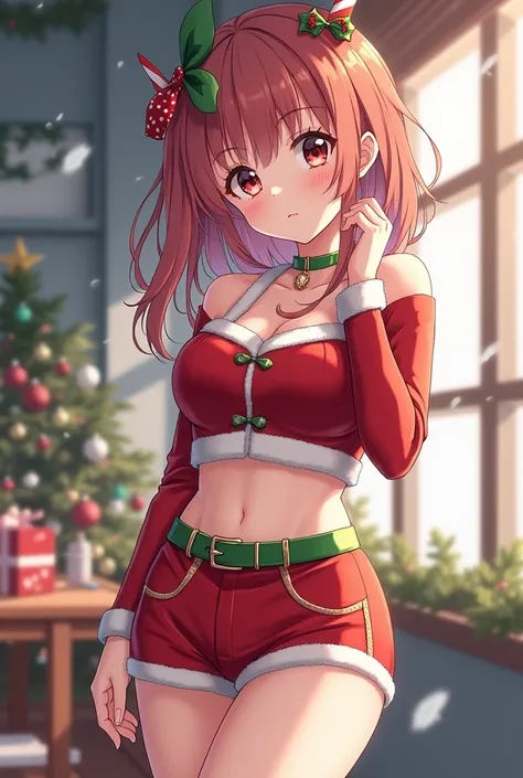 Anime girl in Christmas shorts and top hot nice hip